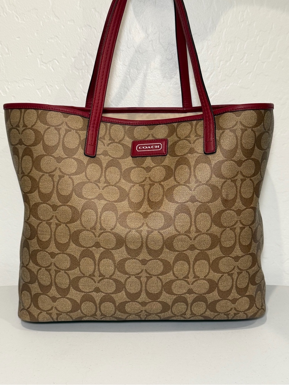 Coach Park Metro Tote in Signature Khaki with Cherry Trim